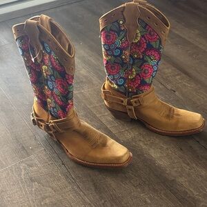 Tan Leather Harness Boots with Colorful Floral Shaft. Worn once
